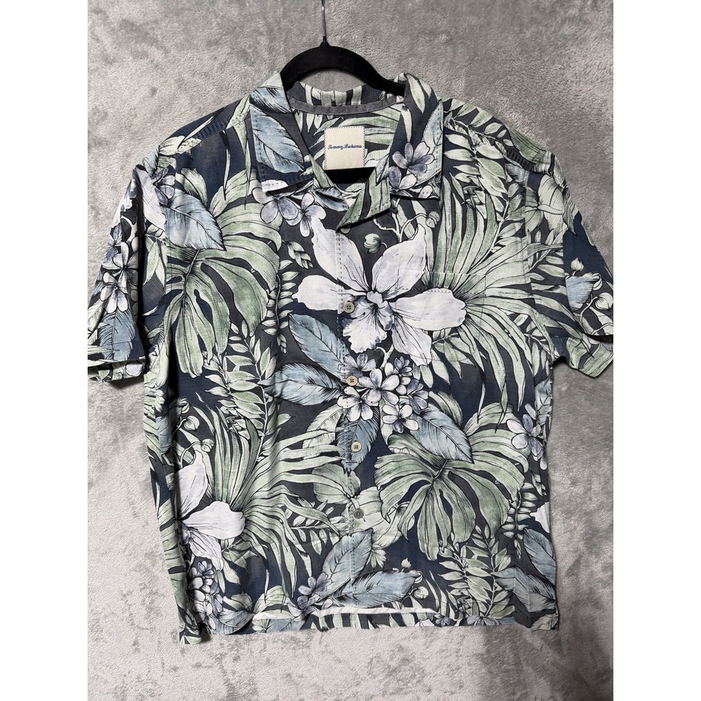 Tommy Bahama Shirt Mens Xl Charcoal Green‎ Silk Hawaiian Floral Print Pocket